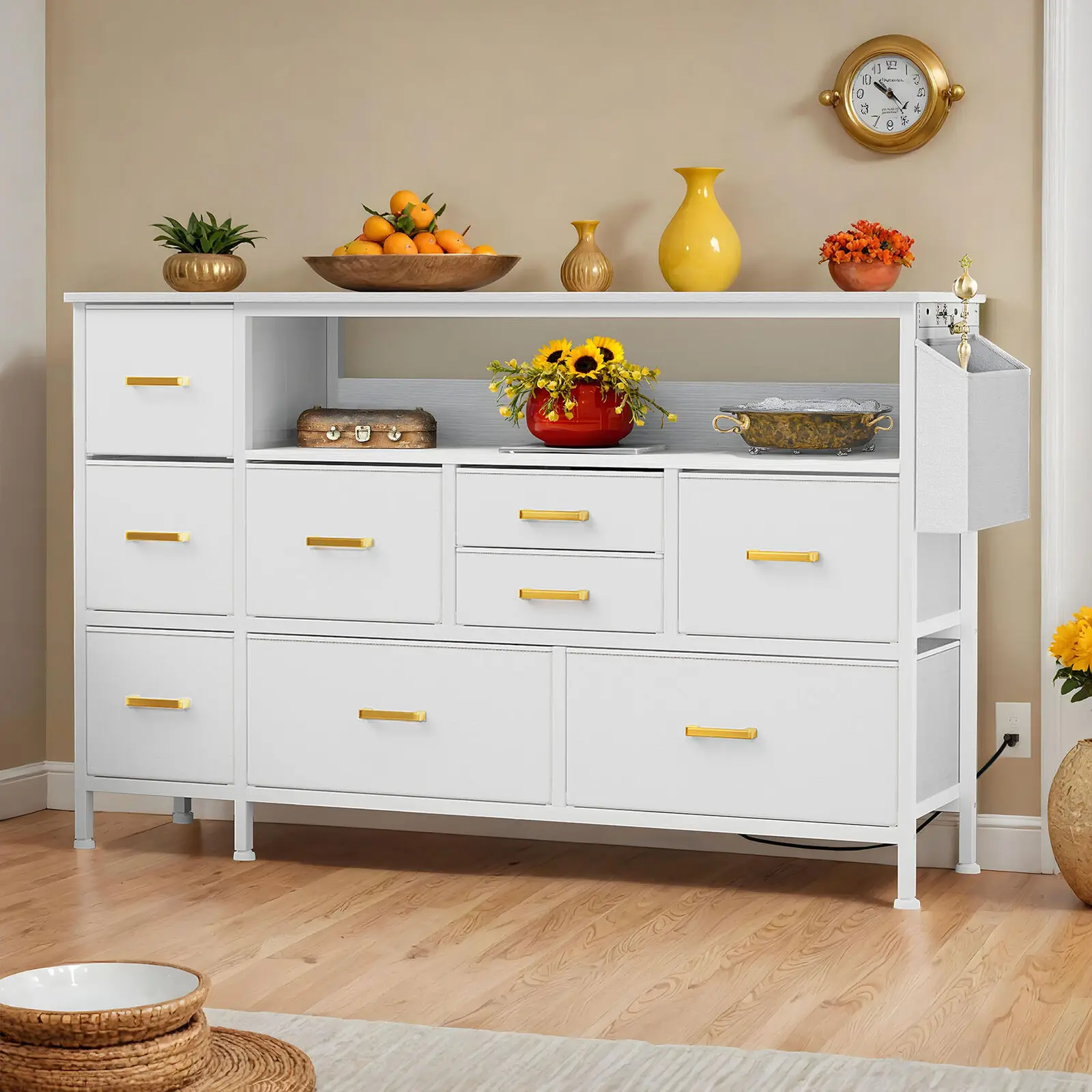 

Комод с 9-мя ящиками, белый шкаф-органайзер с золотой ручкой и портами