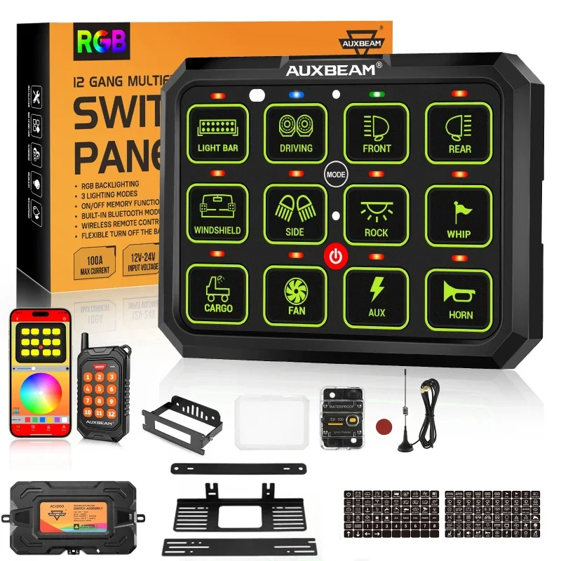 RGB 12 Gang Multifunction Switch Panel Universal 12V 24V On-Off Switch Control Board with Remote App Control for Truck Off Road