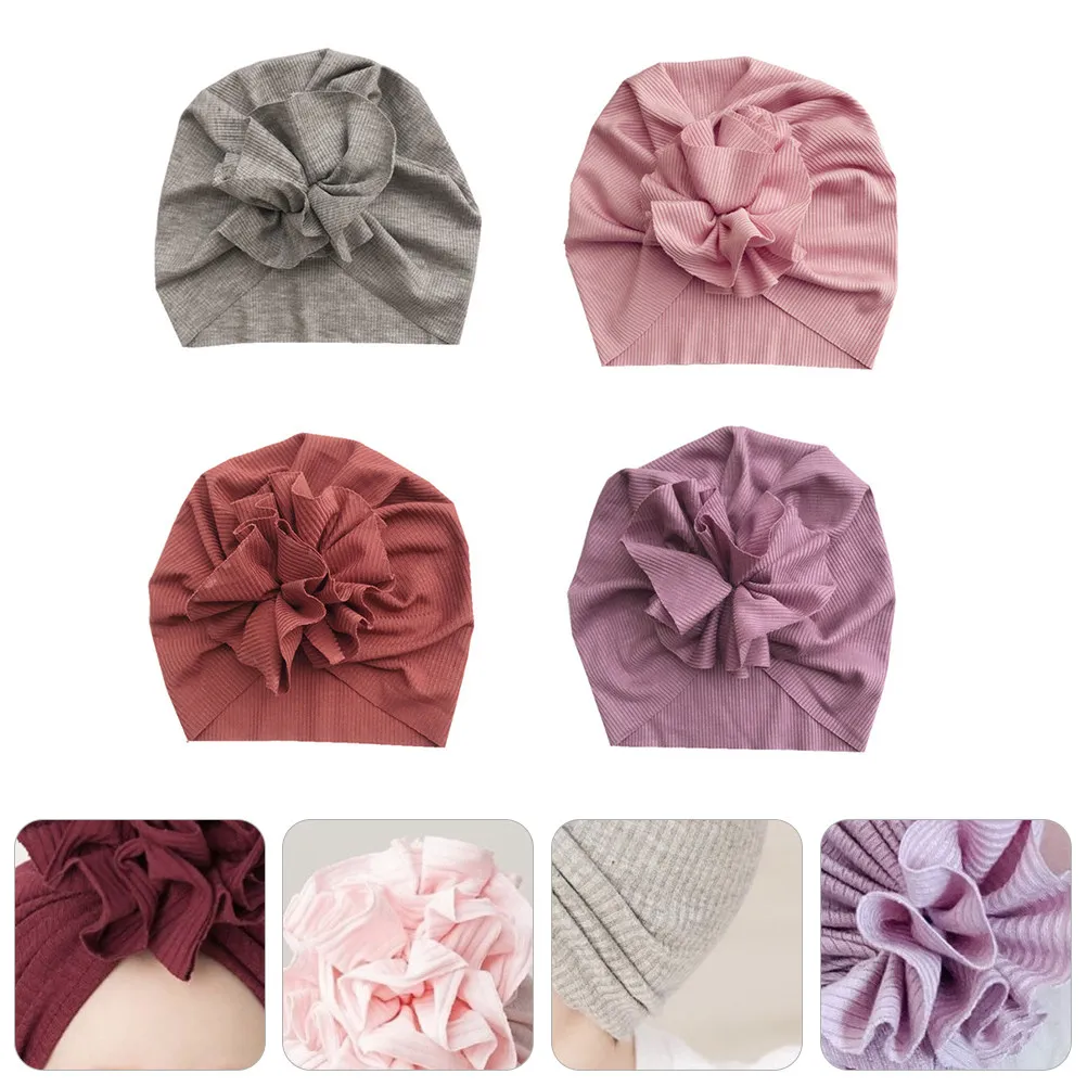 

4Pcs Flower Design Baby Cap Set Lightweight Cotton Knitted Breathable Infant Beanie for Newborn Toddlers Elastic Turban Creative