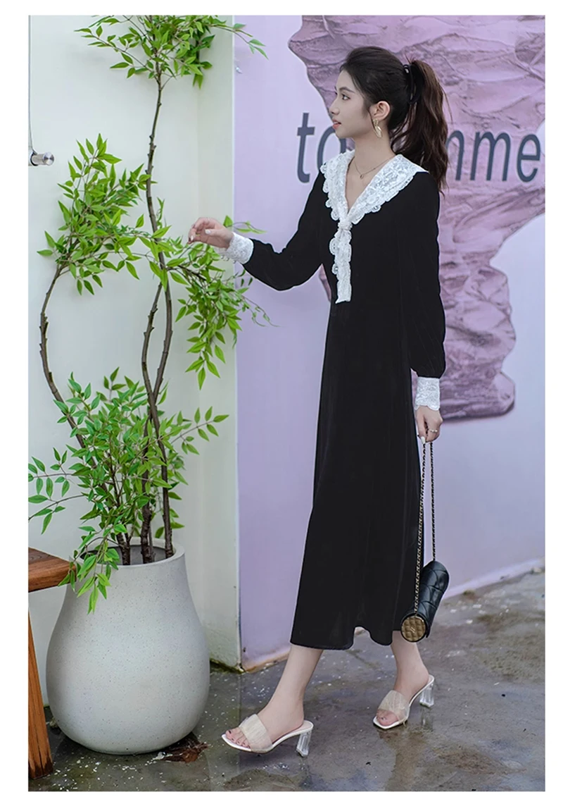 فستان نسائي مخملي من الحرير الطبيعي النقي مع رقبة على شكل حرف V من الدانتيل، يتميز بنمط قديم وأنيق، مناسب للنساء. لينة حساسة.