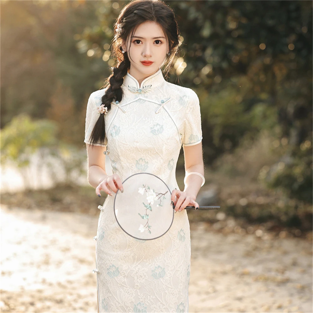 Ladies Summer Short-sleeved Composite Lace Qipao Daily Dress Chinese Classic Retro Elegant Temperament Improved Cheongsam New