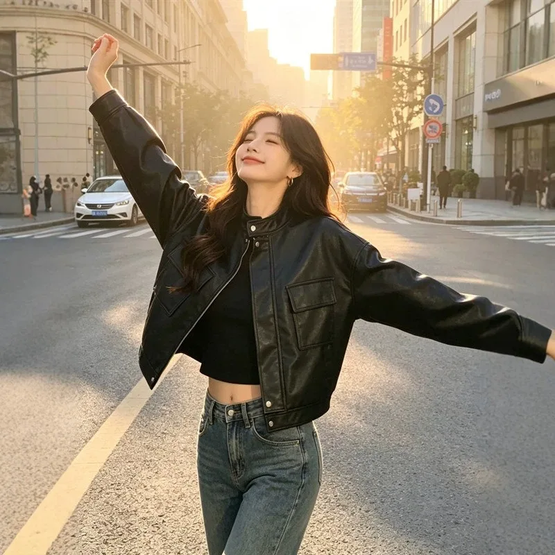 Fashion Jacket for Womer Relaxation Short Style Spring Autumn New Style Elegant and Slimming Versatile Motorcycle Leather Jacket