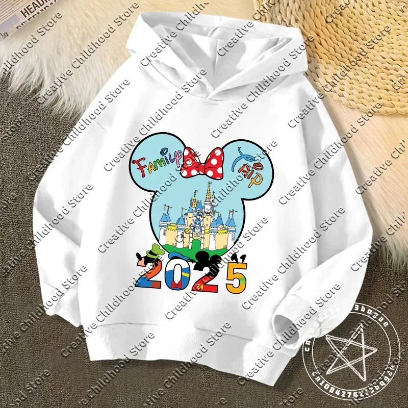 2025 Disney Minnie Mouse Girl Cartoons Kawaii Girl Clothes Hoodie Boy Children Top Caricature Fashion Disneyland Trip Disney