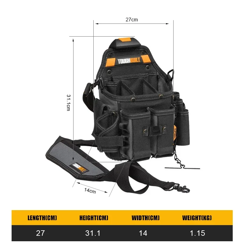 TOUGHBUILT TB-CT-114 Pochette pour électricien Journeyman + bandoulière épaisse, sac de taille de rangement de grande capacité