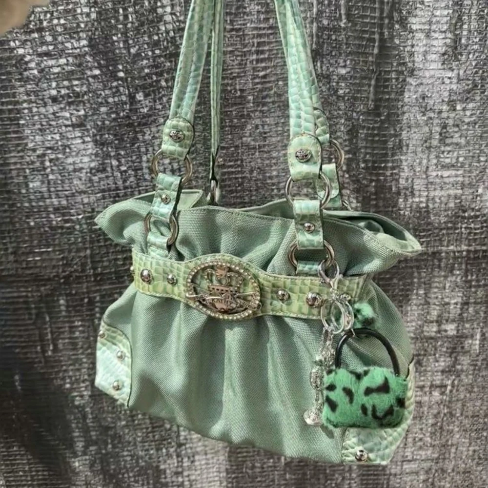 Retro Y2k Rivet Underarm Bag Women Belt Buckle Shoulder Handbag Large Capacity Casual Commuter Tote Canvas Storage Bag