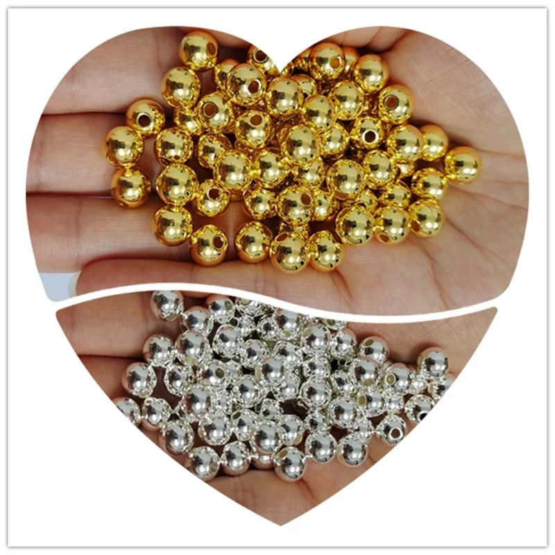 3mm-12mm Imitation Pearls Gold/Silver Loose Metal Smooth Spacer Beads for Needlework Accessories & Jewelry Making