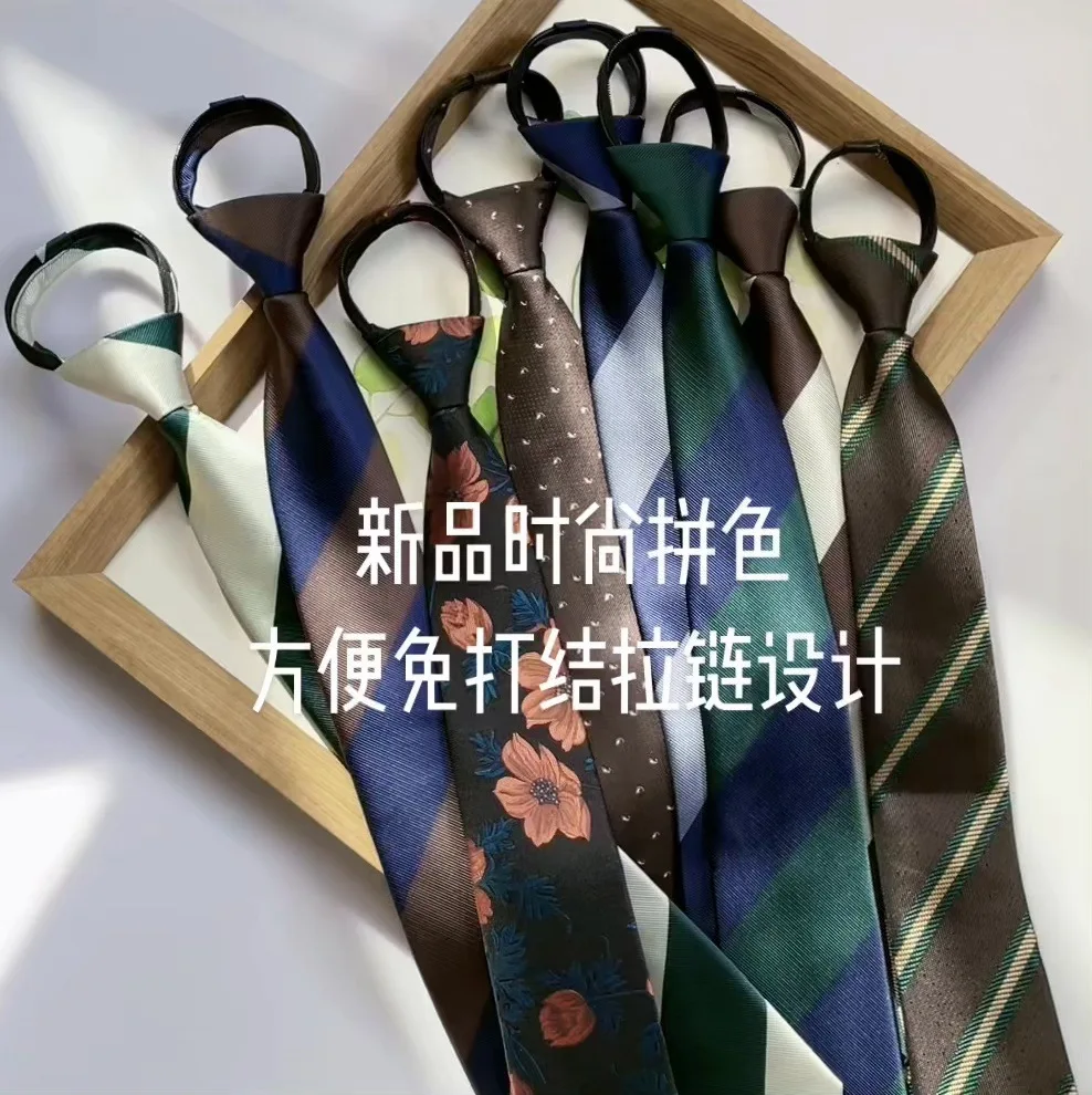 NEW Mens Retro Zipper Ties for Men 8CM Neck Tie Solid Striped Fashion Blue Neckties Men\'s Automatic Zipper Tie Red Lazy Ties