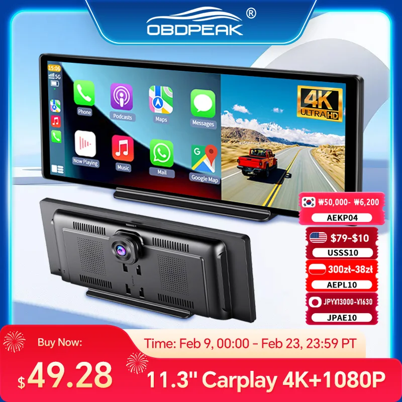 

OBDPEAK 11.3" 4K Dash Cam Car DVR Wireless Carplay & Android Auto Video Recorder GPS Navigation Bluetooth Audio Rearview Camera