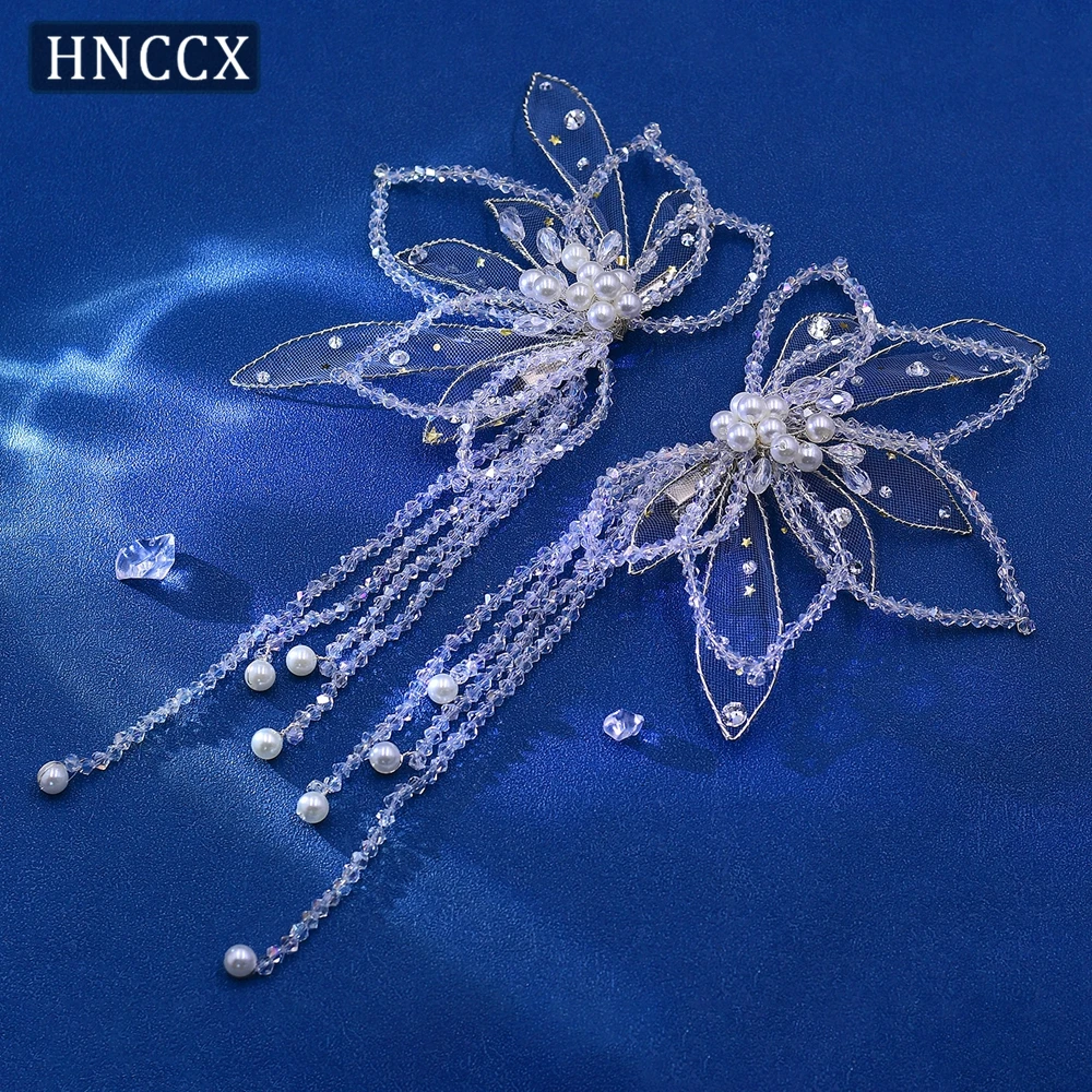 HNCCX Crystal Tassels Hair Duckbill Clip Bridal Hair Jewelry White Gauze Fairy Hairpin Butterfly Shape Pearl Headwear CP694