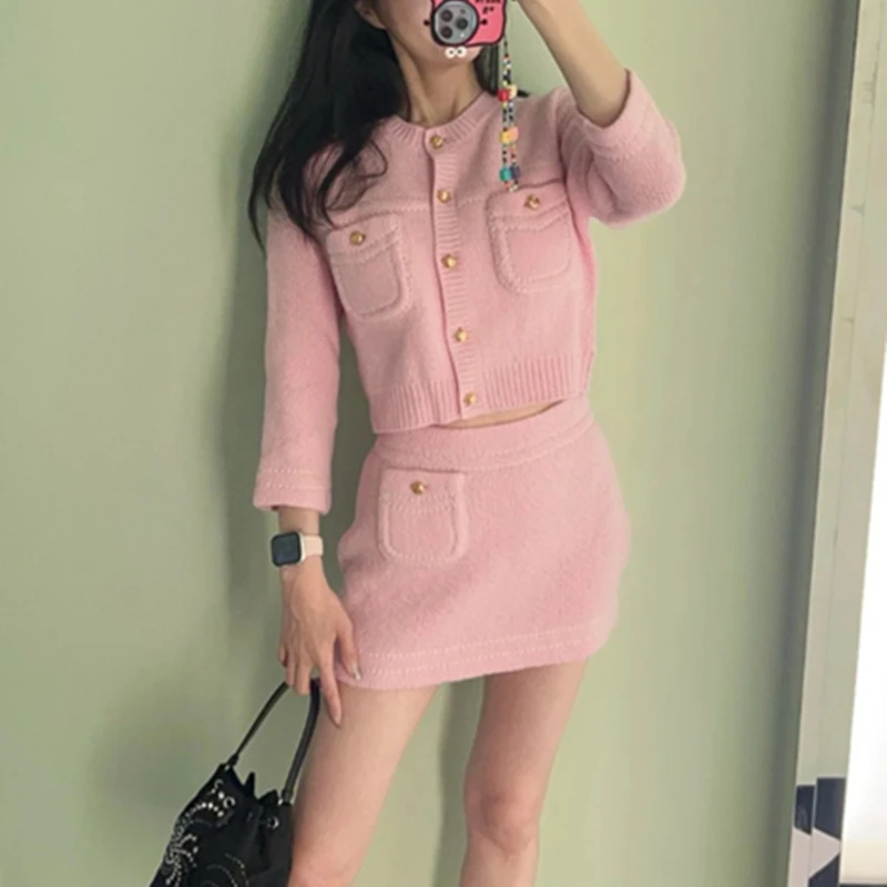 

Sweet Hot Girl Suit Women's Autumn/winter Knitted Cardigan High Waist A-line Mini Skirt Two-piece Set Fashion Female Clothes