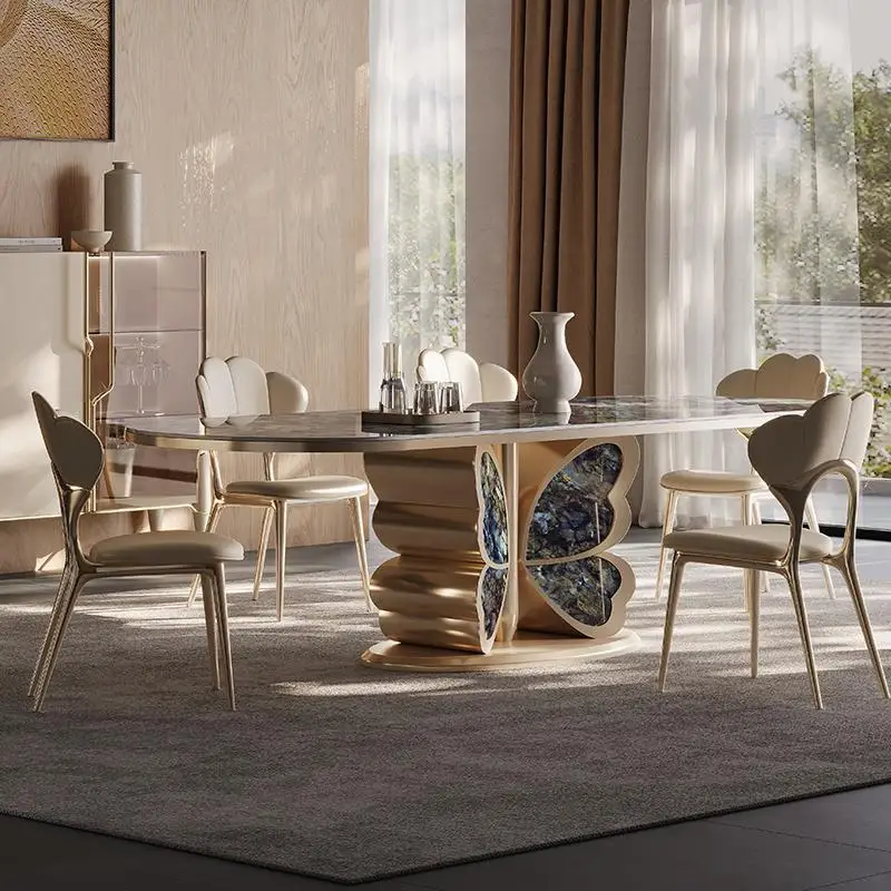 Any Size Custom Luxury Butterfly Design Natural Marble Dining Table Stainless Steel Base Durable High End Villa Dining Furniture