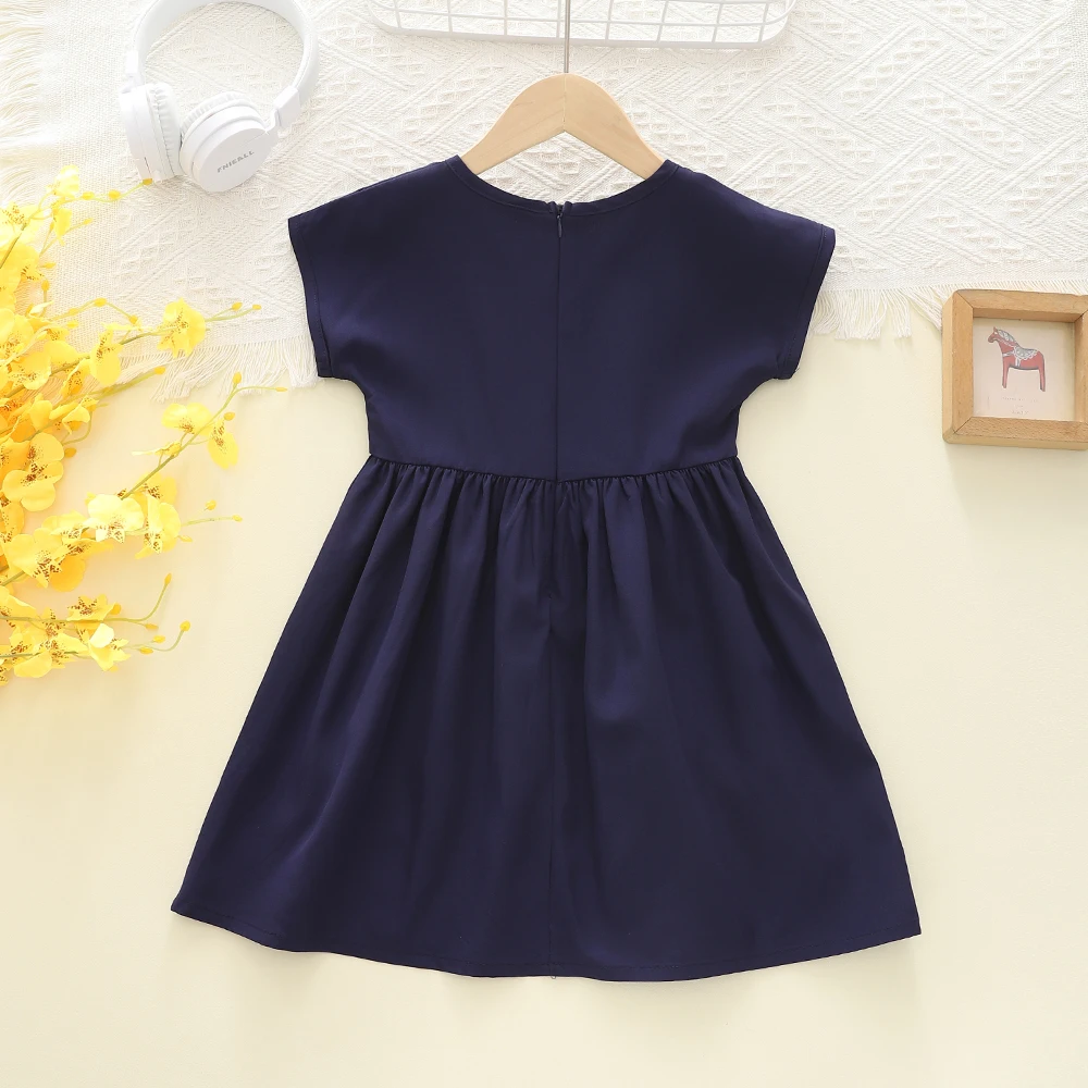 Summer Dress For Girls Children Clothes Characteristic Lace Flower Embroidery Design Dark Blue New Fashion Style Girls Dress