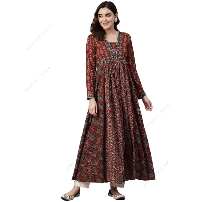 

Spring Summer Women's Ethnic Print V-Neck Long Sleeve Anarkali Kurta Dress Traditional Indian Tunic Maxi Dress