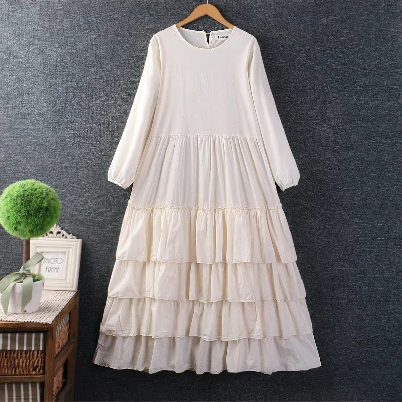 

Mori Girl-Women's Long Sleeve Cotton Linen Dress, Loose Dresses, O-Neck , Ruffles, Sweet, Spring, Summer, Casual, Japan Style