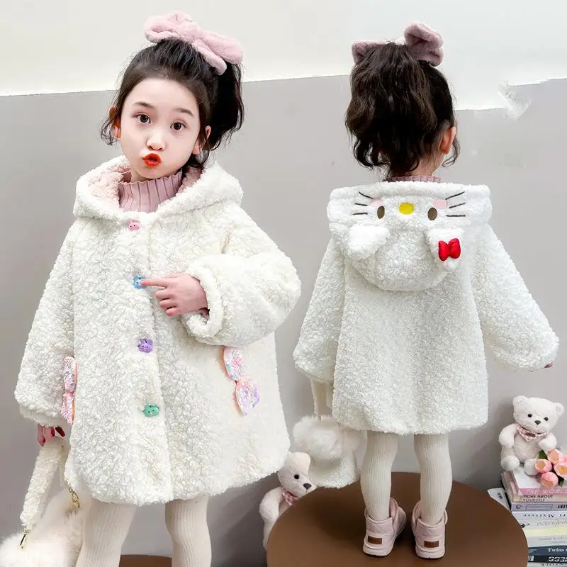 

Sanrio Hello Kitty хлопковая стеганая куртка для девочек, зимнее утепленное пальто из овечьей шерсти, теплые топы, детская модная одежда с героями мультфильмов Kawaii