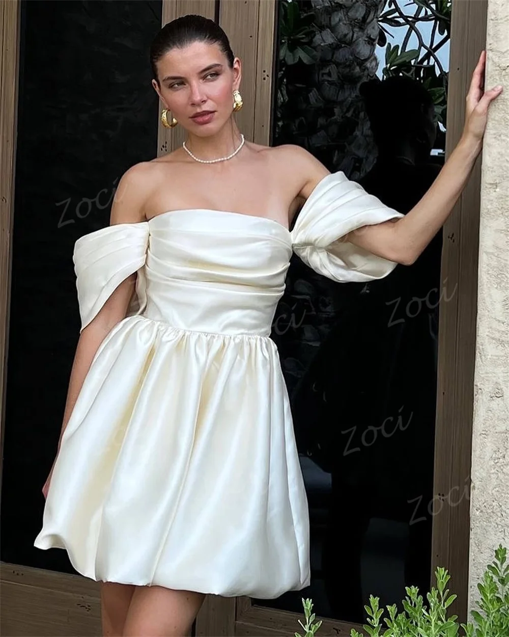 Zoci A-Linie Satin-Abschlussballkleider, maßgeschneidertes Korsett, schulterfrei, Mini-Cocktailkleid, drapiert, für Damen, formelle Party-Heimkehrkleider