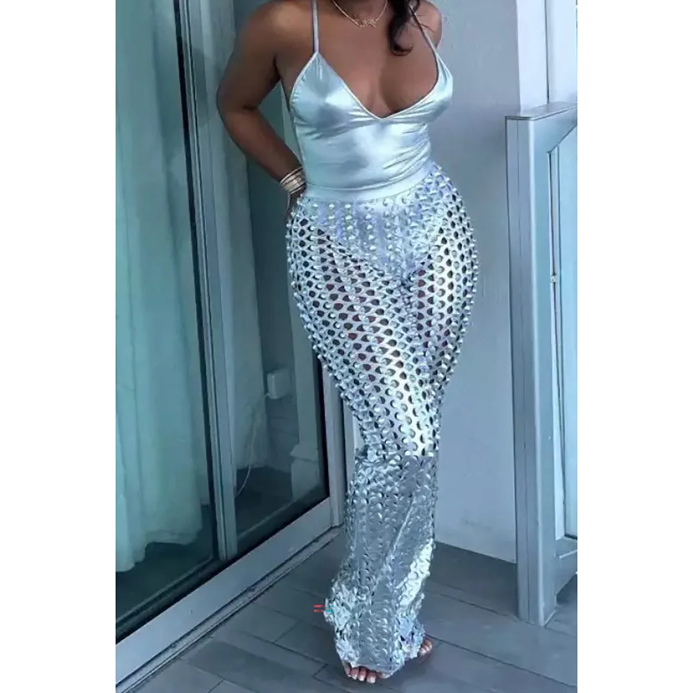 Plus Size Silver Festival Metallic Hollow Sleeveless Two Pieces Pant Sets