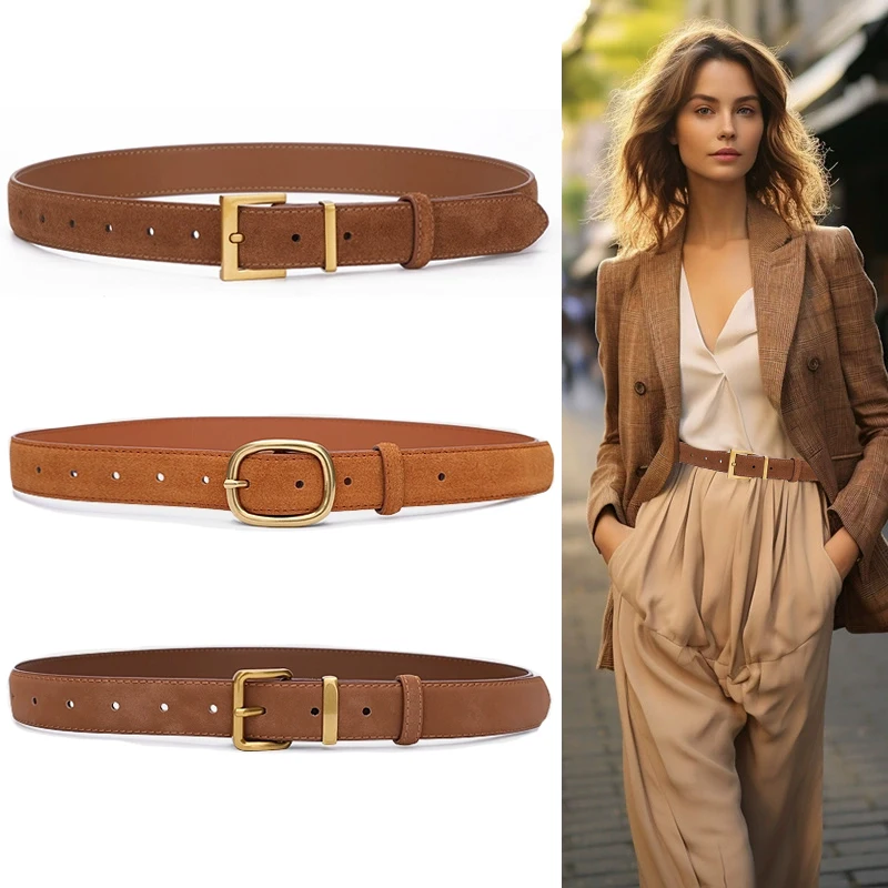 Women Vintage Vintage Snowflake Suede Leather Belt Gold/Silver-Tone Buckle Genuine Cowhide Waist Belt for Jeans and Dresses