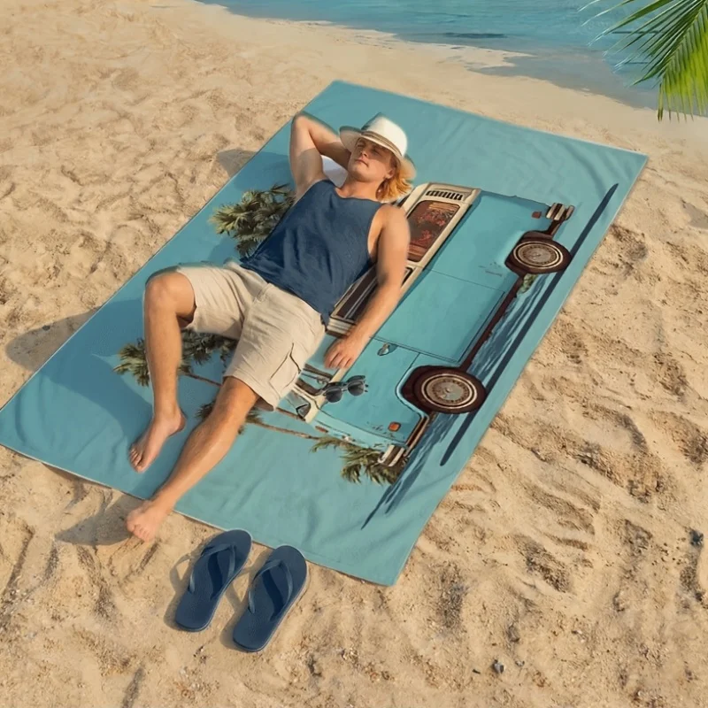 1pc Vintage Mint Blue Retro Camper Van Beach Towel, Palm Tree & Surfboard Print, Ultra‑Absorbent Summer Towel for Beach Pool Par
