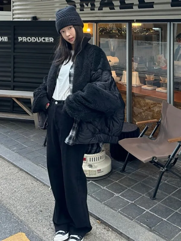Korean Style Heavy Work Lamb Fur Patchwork Cotton Jacket Women's Winter Popular Loose Lazy Cotton Clothes Warmth