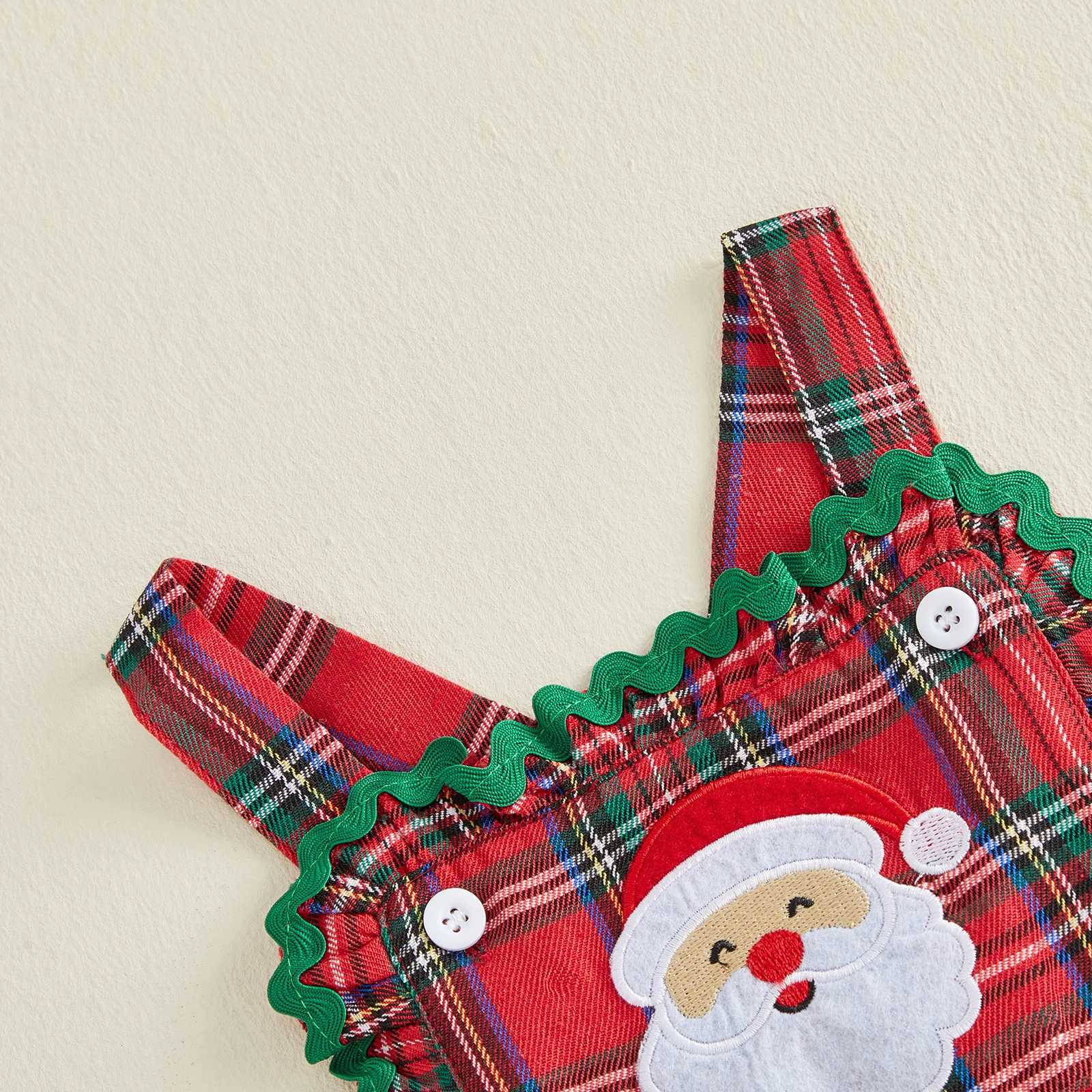 Toddler Girls Christmas Overalls Adorable Santa Claus Embroidery Sleeveless Square Neck Plaid Bell Bottoms Jumpsuit