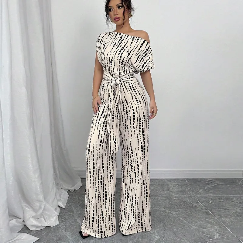 

Jumpsuits For Woman Short Sleeved High Waist Leg Long Pants New Casual Off-shoulder Lace-up One-Piece Fashion Roupas Feminina