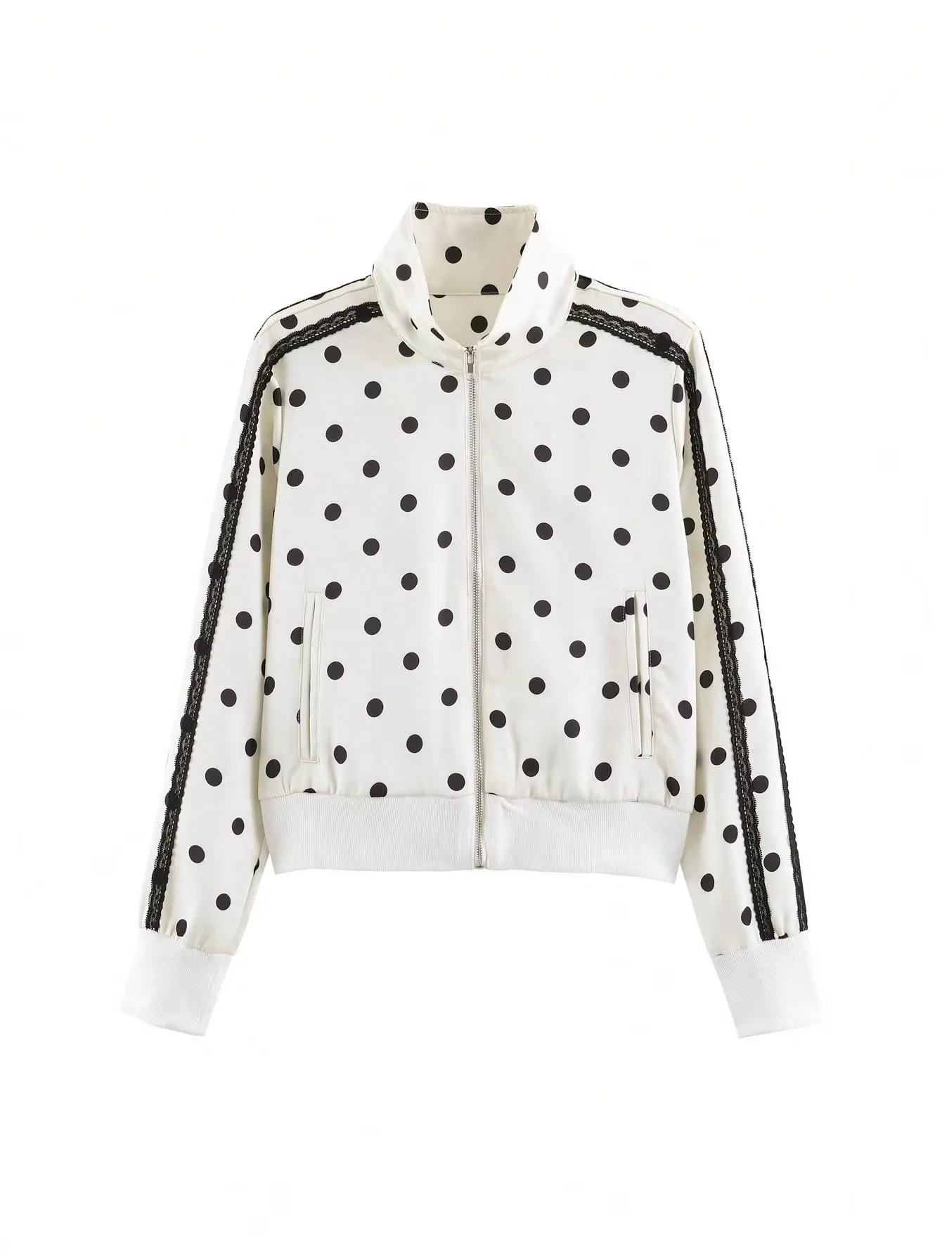 HH Damen Mode Polka Dot Anzug mit Spitzenseitenstreifen, Stehkragen, Langarm-Chic-Top, Elastische Taille, Lockerer Rock, Herbst Casual Damenkleidung – Detail 3