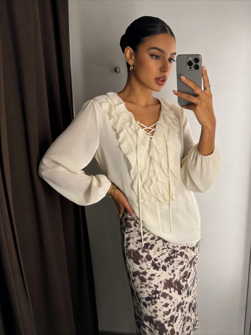 

Весенняя синяя блузка с рюшами и V-образным вырезом, женская рубашка в корейском стиле, свободная винтажная блузка с длинными рукавами, женские топы