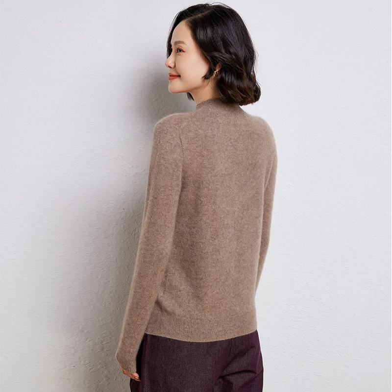 High Quality 100% Australian Wool Women's Half  High Collar Knitted Pullover Spring  Autumn New  Long Sleeved Solid Color Tops