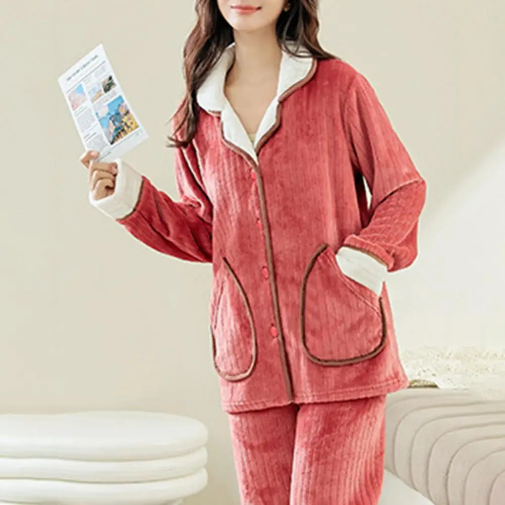 Winter Women Pajamas Set Velvet Warm Home Soft Loose Clothing Fashion Casual Long Sleeve Buttons Turn Down Collar Suit 2 Piece