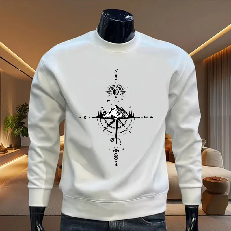Vintage Compass Print Sweatshirt for Man Spring Autumn Daily Casual Fashion Warm Long Sleeve Top Male Round Neck Hoodie Pullover