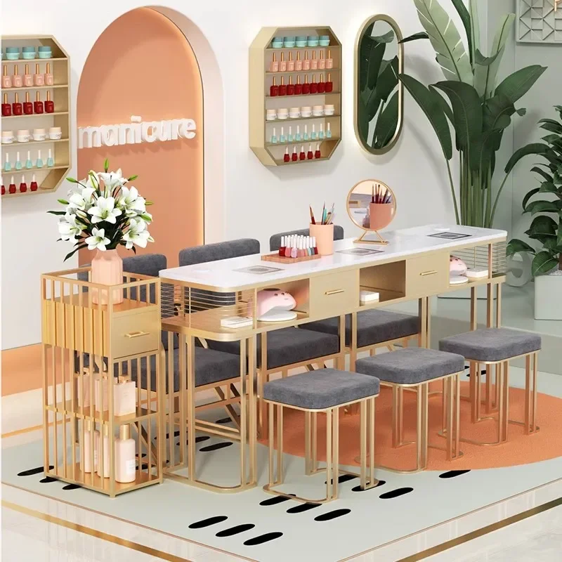 

Hot Sale White & Grey High End Luxury Multi-seat Nail Salon Table With Various Colors And High Quality Materials For Nail Salon