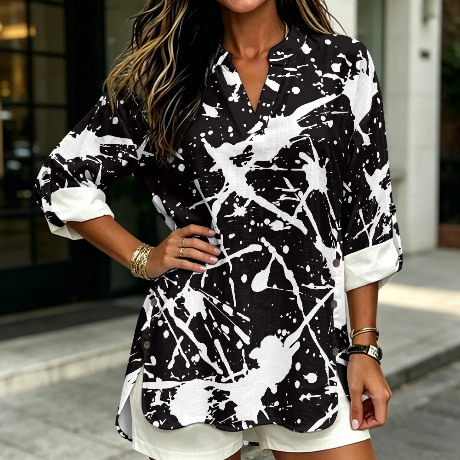 PENSTROLL Side Slit Linen Like Ladies Tops and Blouses Roll-Up Casual Blouses for Summer Abstract Paint