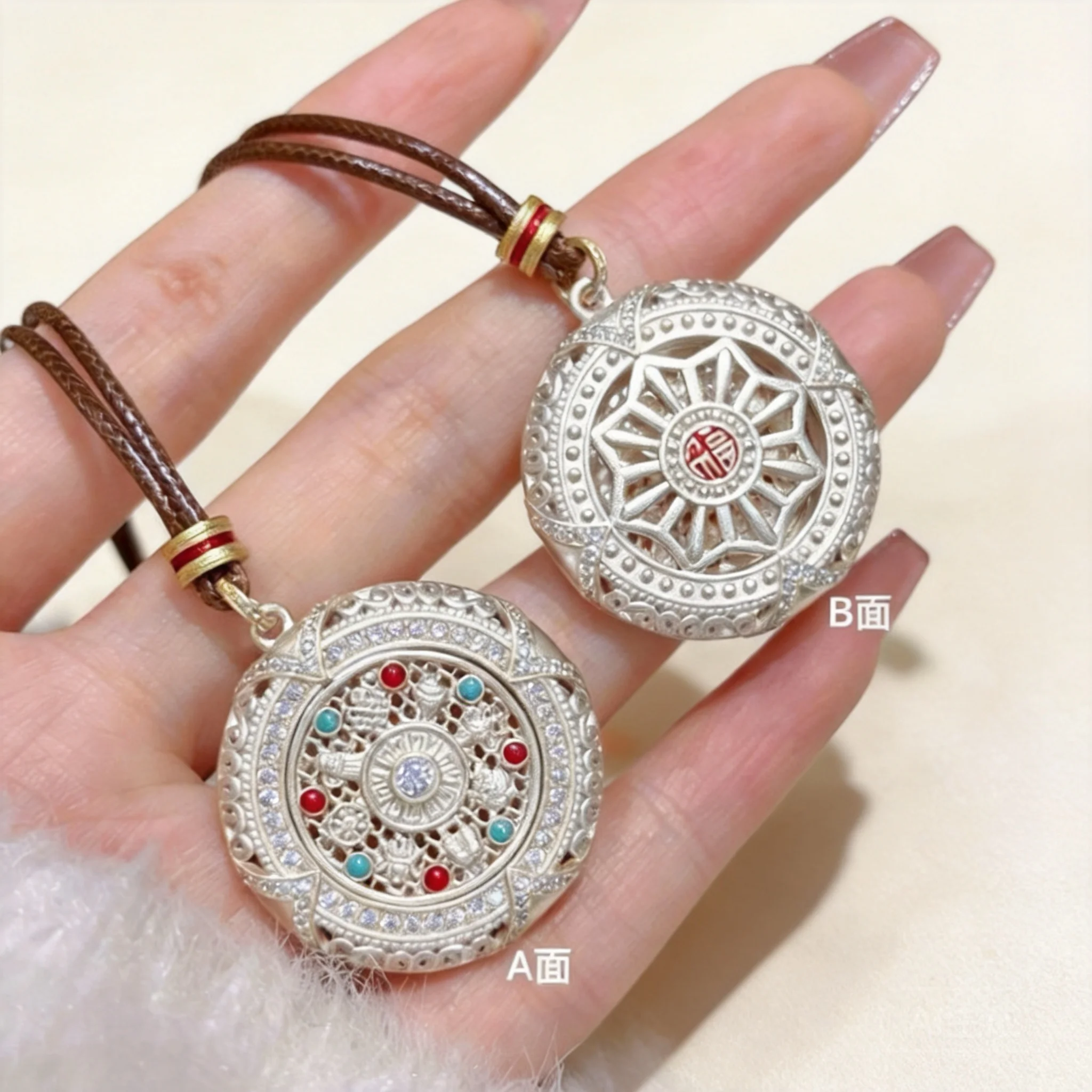 Chinese Style Lucky Rotatable Eight Treasures Filigree Compass Silver Plated Fu Wheel Long Sweater Chain Necklace For Women Bles