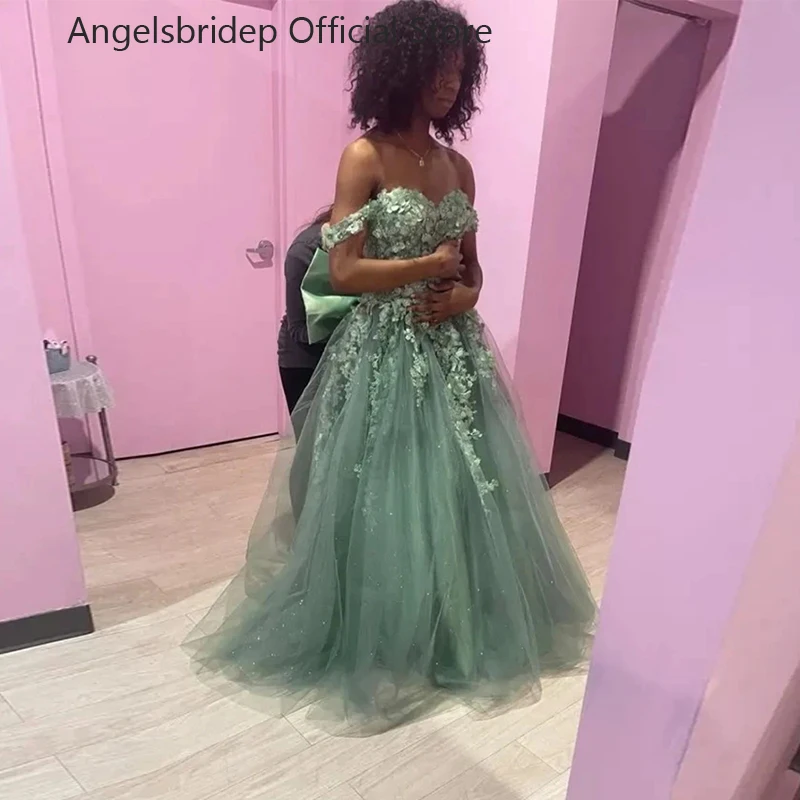 

Angelsbridep Sweetheart Tulle Evening Dress A-Line Vestidos De Noche Short Sleeves Lace Appliques Prom Gowns Formal Party Dress