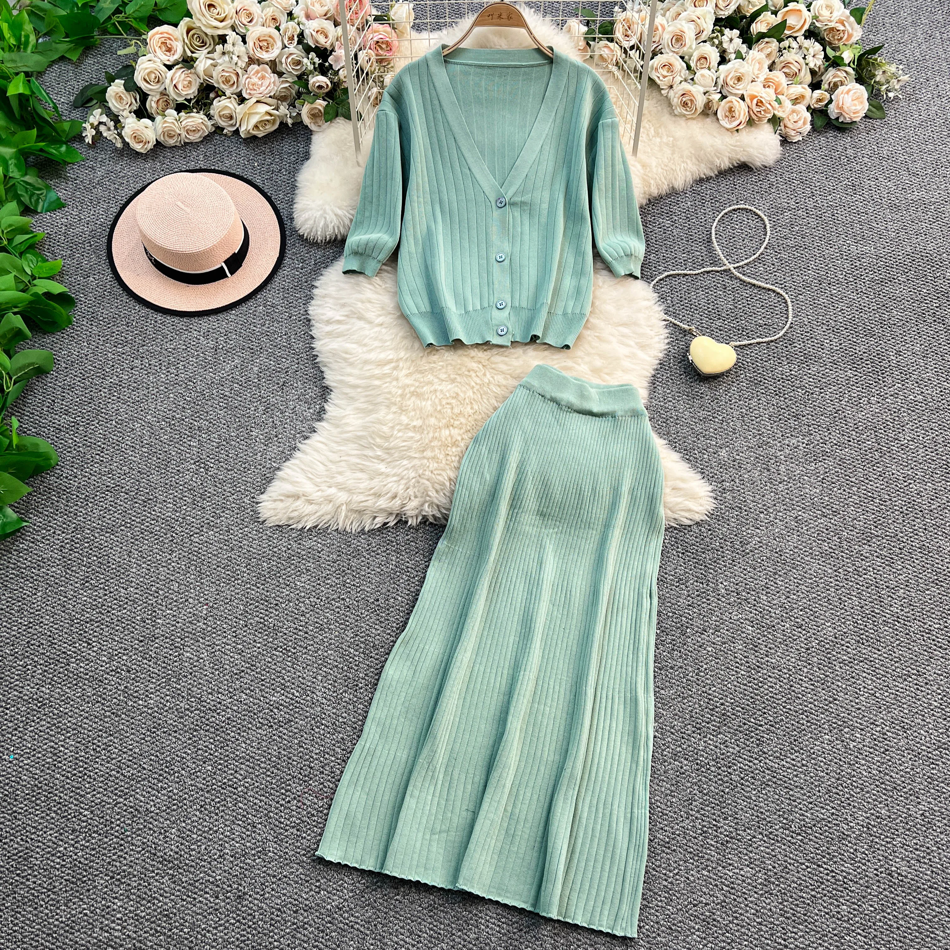 

Two piece set v neck Single Breasted Knit sweet slip Dress Women Fashion Summer Skirt women clothing
