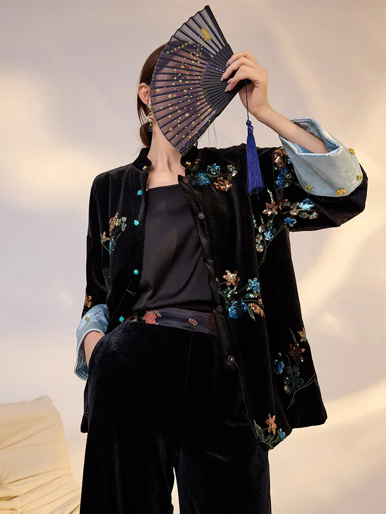 New Chinese Kimono Cardigan Yukata Haori Embroidery Flower Sequins Outwear Vintage Classic Female Hanfu Jacket Luxury Streetwear