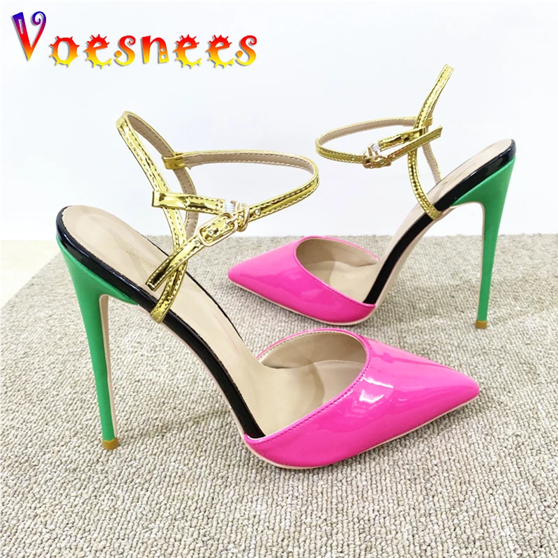 Mixed Colors Pink Pointed Toe High Heels Europe And America New Fashion Models Show Sandals 10CM Summer Buckle Strap Women Shoes