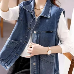 Vintage Women Denim Vest Jacket 2023 Spring Summer Sleeveless Casual Top Blue Jean Waistcoat Coat Lady Oversize Pocket Outerwear