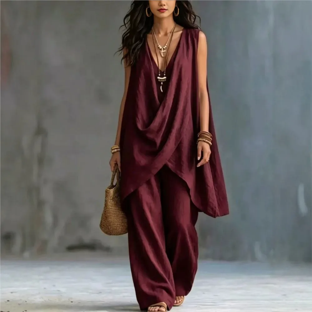 Women 2 Piece Linen Outfit Sleeveless V Neck Draped Asymmetrical Top Wide Leg Pants Set Spring Summer Casual Beach Vacation Suit