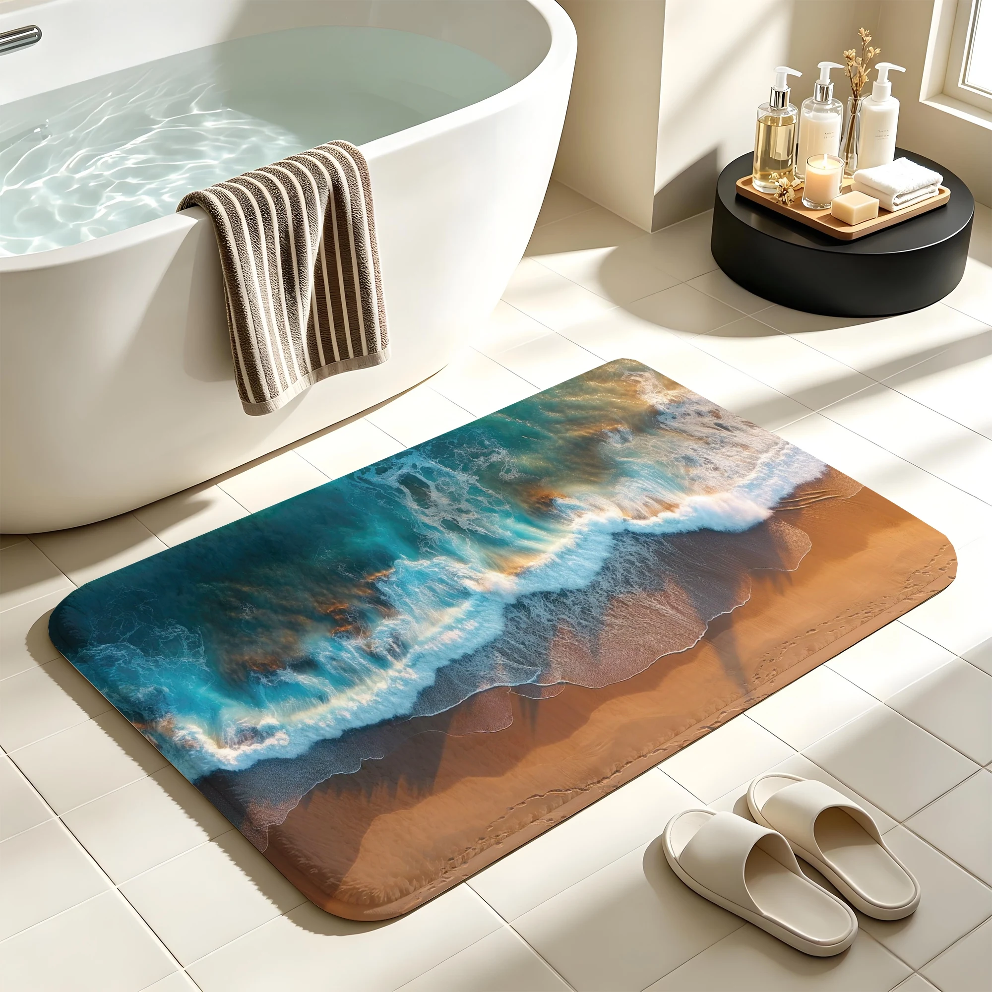 Bath Mat Ocean Wave Beach Print Bathroom Rug Absorbent Floor Mat For Bathroom Shower Entry Home Decor