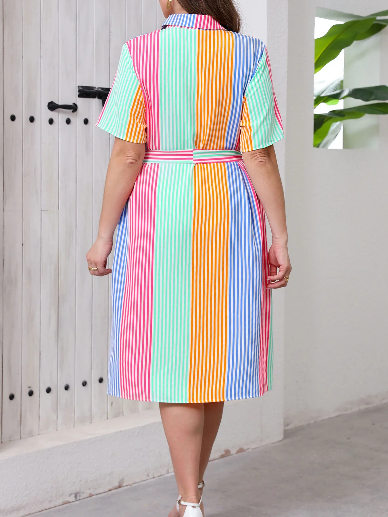 Women's Plus-Size Elegant Vertical-Stripe Midi Shirt Dress – Summer Button-Front Style with Belt