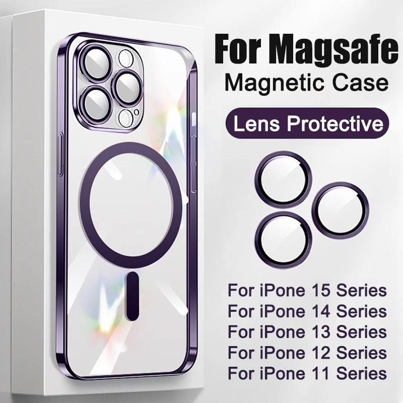 Plating Soft TPU Full Lens Protect Case for iPhone 13 14 12 11 15 Pro Max Plus Magsafe Magnetic Phone Case Wireless Charge Cover