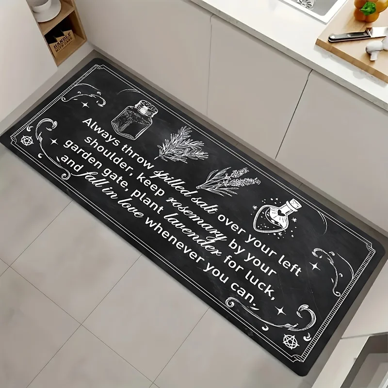 Gothic Magic Themed Long Kitchen Mat  Witch Herbal Text Potion Bottle Design Washable Non Slip Area