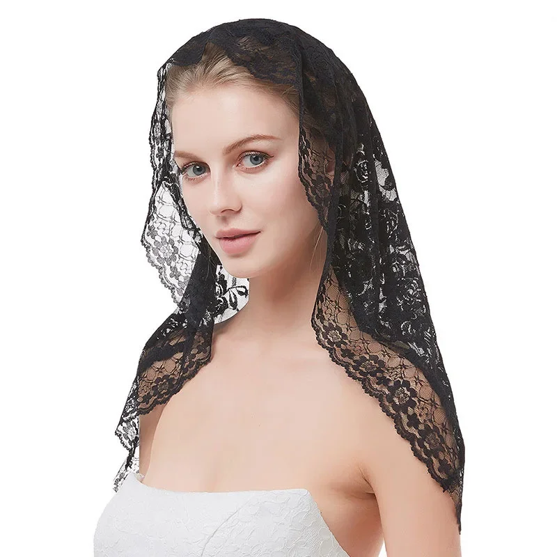 Lace Mantilla Catholic Church Wedding Veil Head Covering Wedding Accessory for Women Bridal (Black)