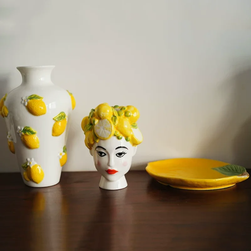 Hand Drawn Lemon Relief Ceramic Vase, Lemon Girl Desktop Flower Vase, Living Room Flower Arrangement, Room Aesthetic Decoration