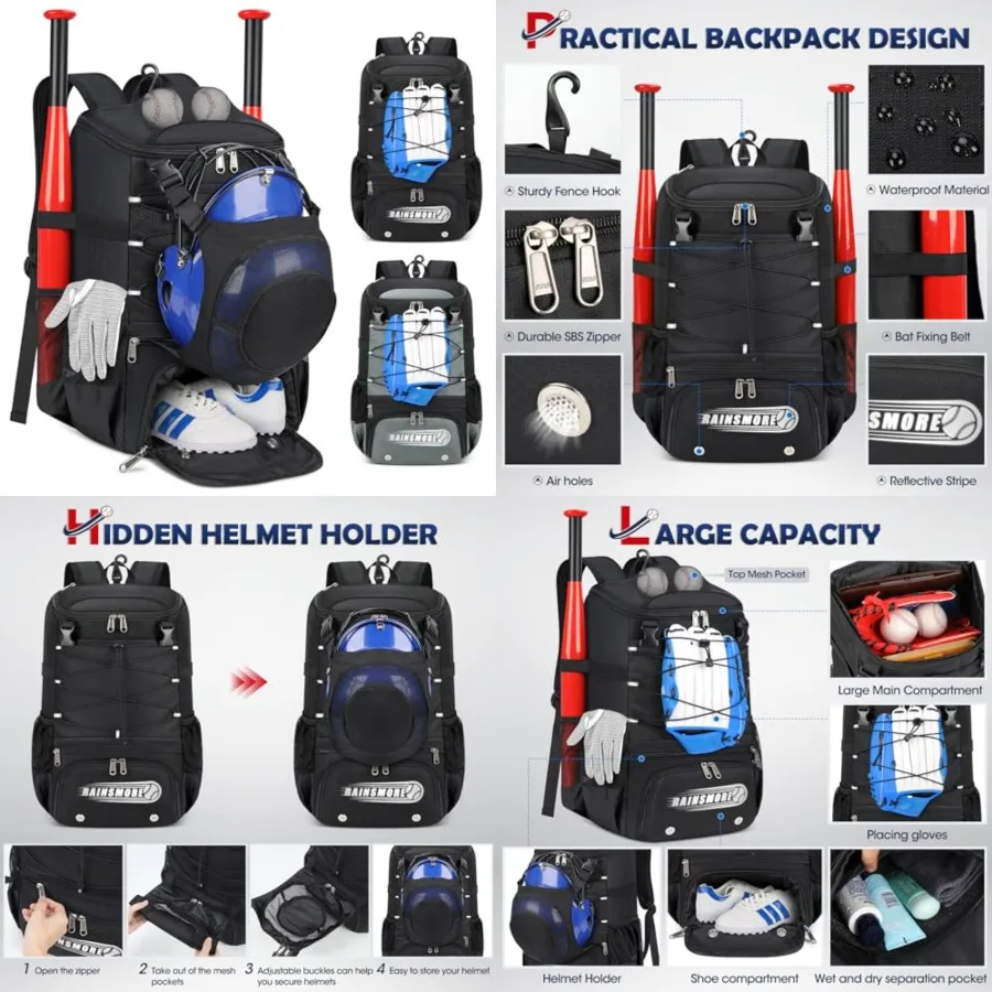 Baseball Bag for Youth Adult Lightweight Softball Bat Bag with Shoe Compartment, External Helmet Holder and Fence Hook Waterpro