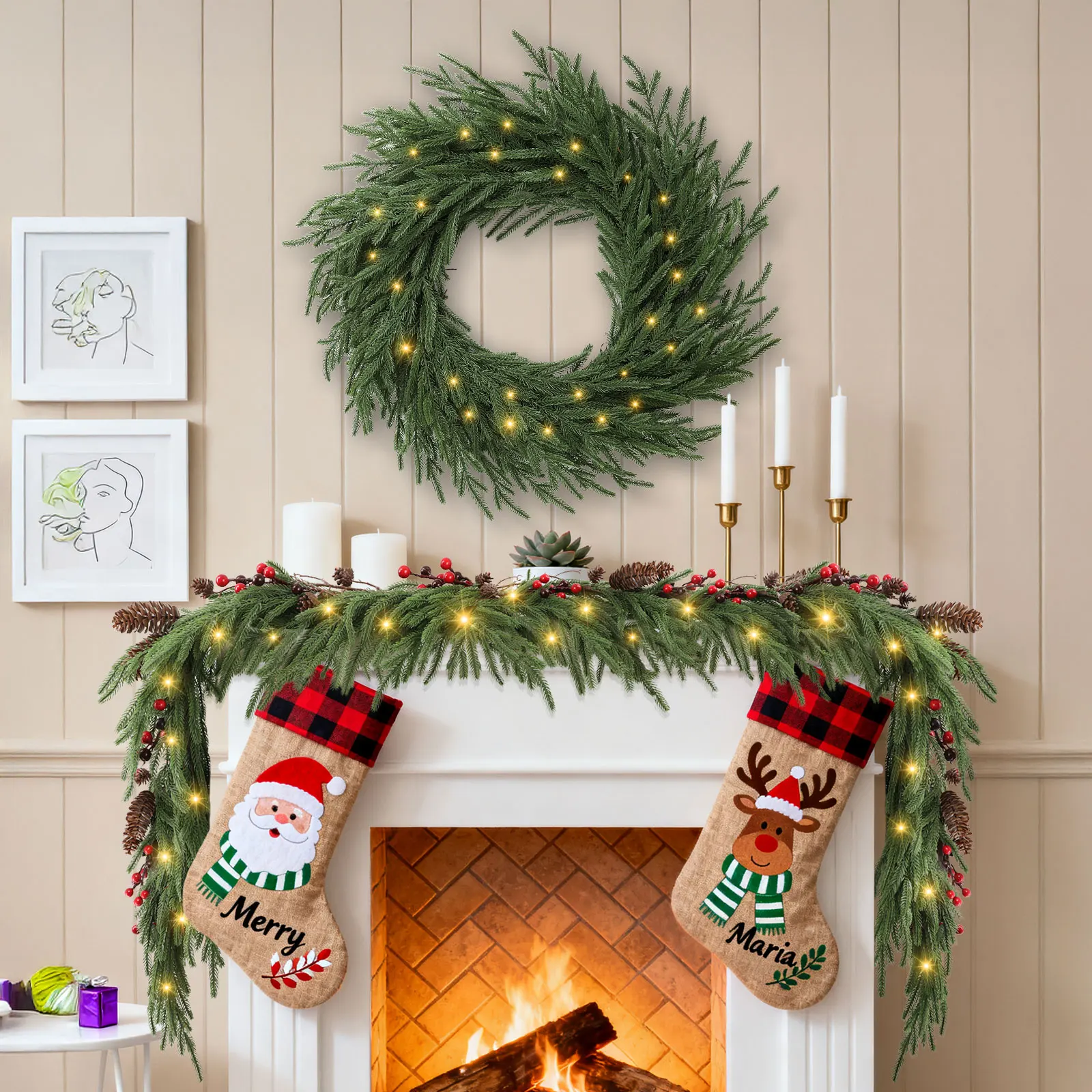 

Norfolk Pine Holiday Wreath with LED Lights & Ribbon 24 Inch Battery Powered Front Door Decoration