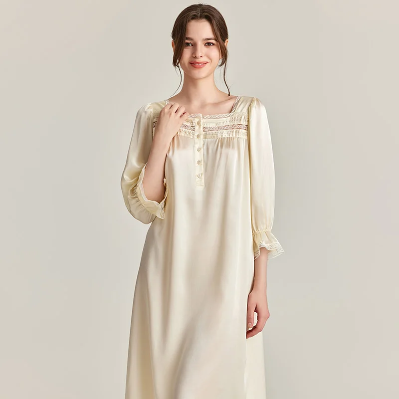 

French Court Style 100% Real Silk Loose Homewear Nightshirt Long Sleeves Women's Summer Nightgown Mulberry Silk Long Nightdress
