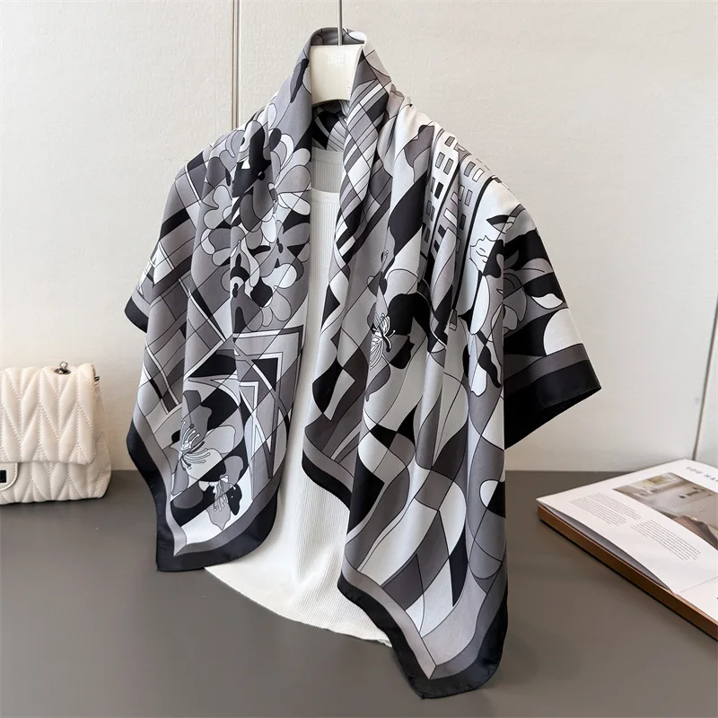 

Luxury Women's Soft Satin Hair Scarves Fashion Square Geometric Printed Headscarf 90cm Professional Accessories Designer Scarf